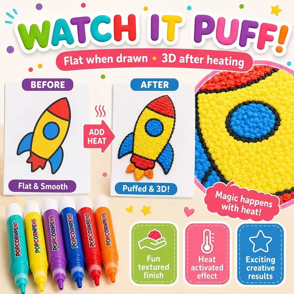 Art Craft Easy - Puffy Popcorn Pen Set, Smooth Easy‑to‑Color